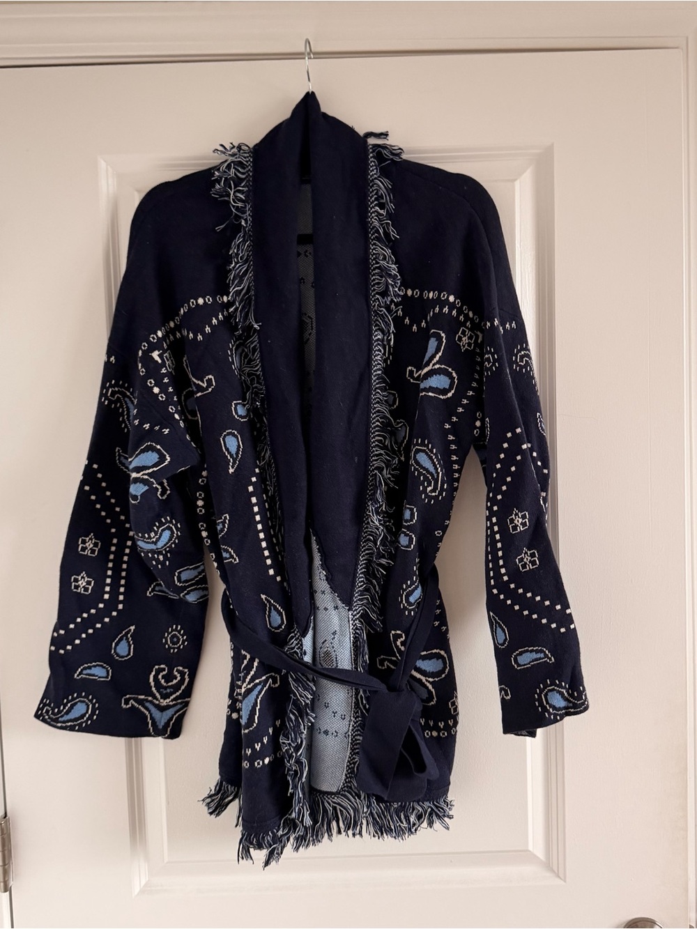 GAP Navy Blue Embroidered Fringe Belted Cardigan Cape